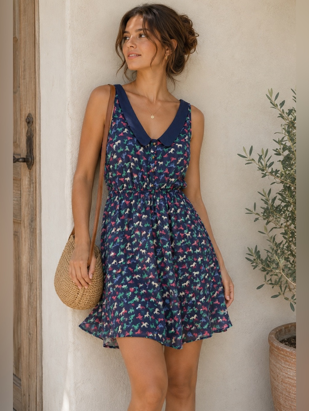 Horse Print Dress M Navy Peter Pan Collar Fit Flare Preppy Whimsical Y2K Casual